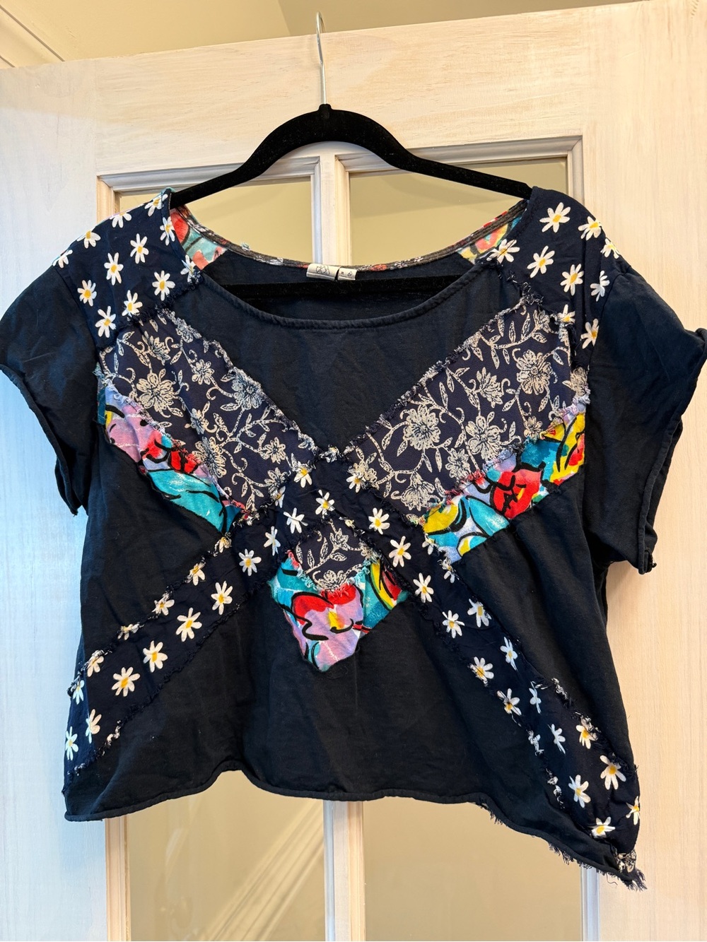 Urban Renewal Navy Floral Patchwork Crop Top with Daisy Trim